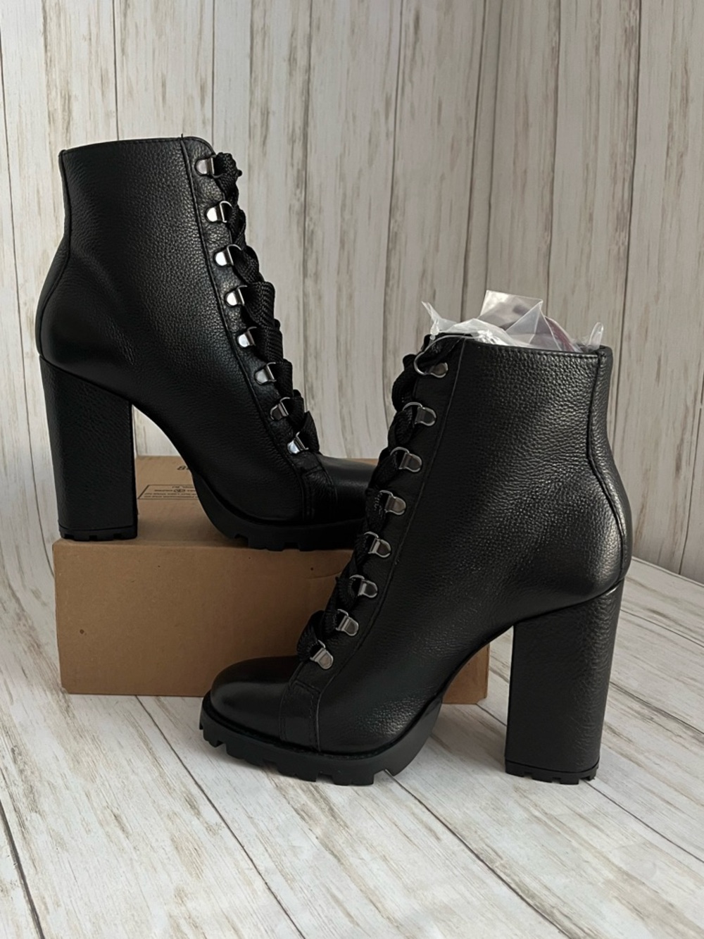 Schutz Zhara Black Leather Lace-Up Block Heel Lug Sole Boots - Picture 7 of 11